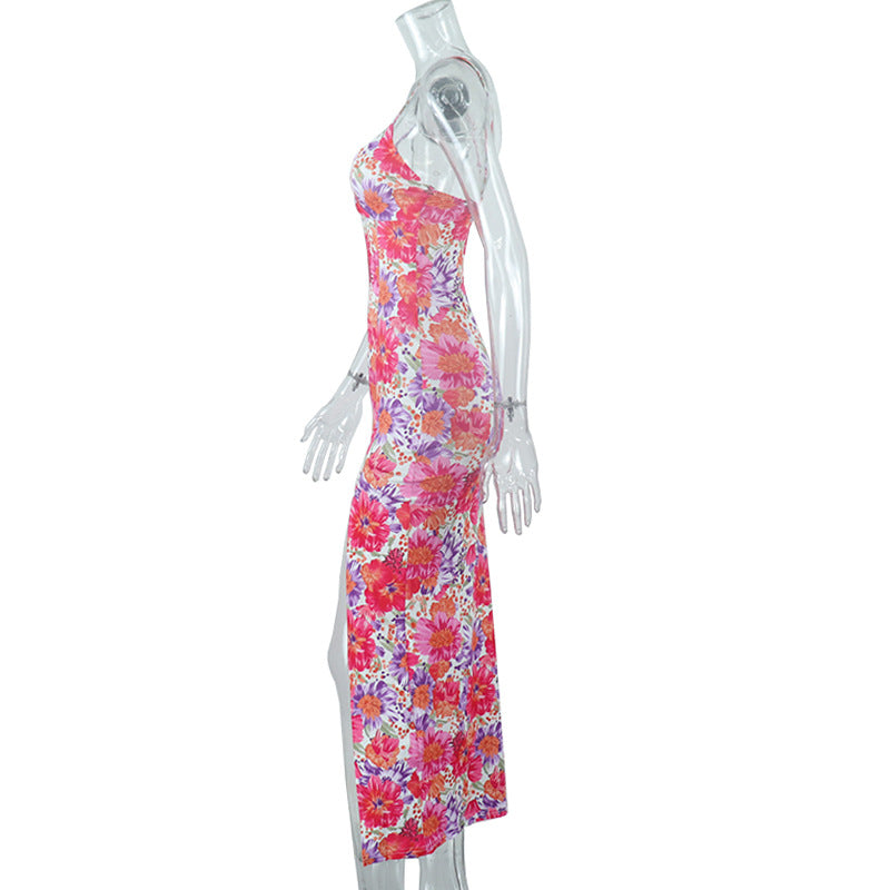 Fashion Floral Print Spaghetti Strap Split Maxi Dress
