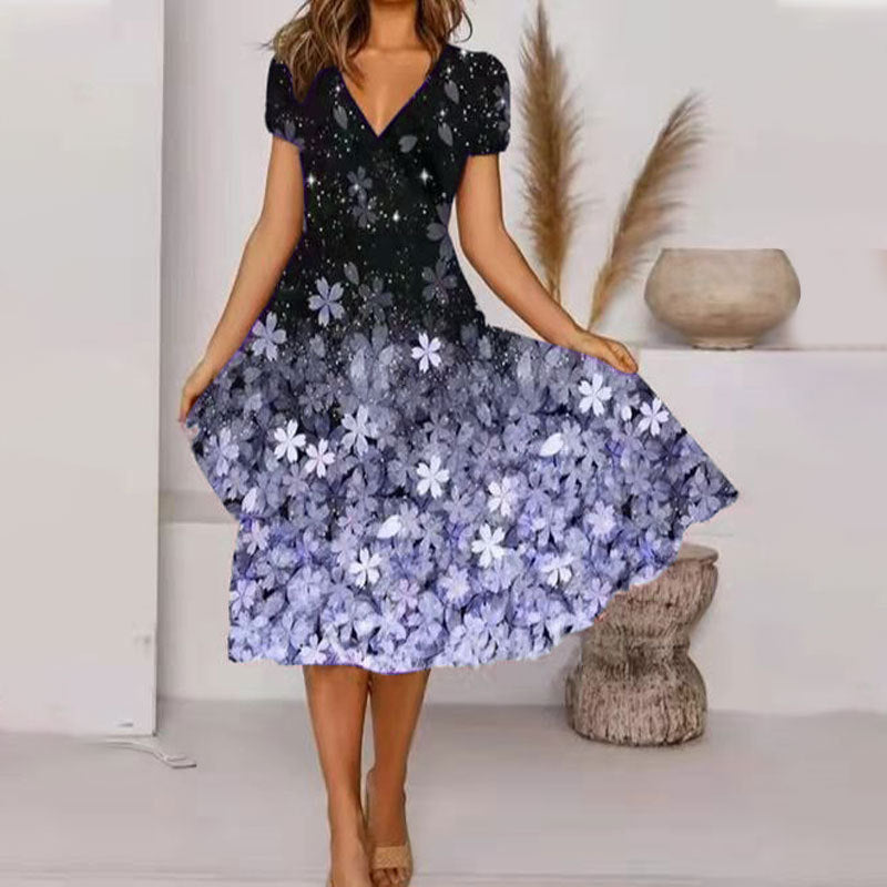 Elegant V-Neck Short Sleeve Floral Print Flared Midi Dress