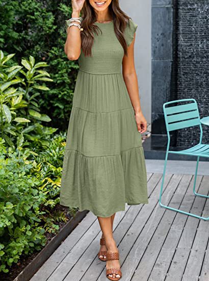 Solid Color Round Neck Cap Sleeve Loose Maxi Dress