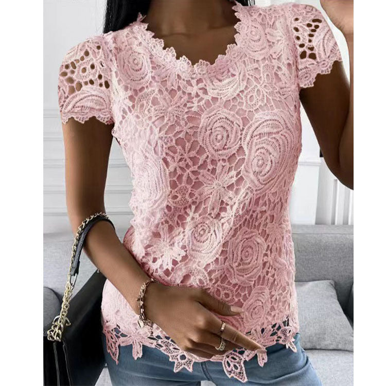 Fashion Short Sleeve Lace Round Neck Top