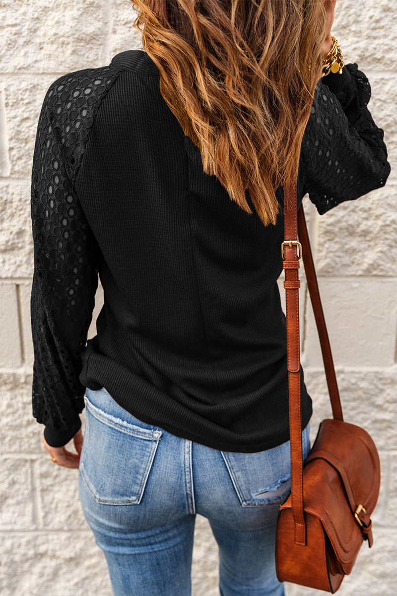 Elegant O-Neck Long Sleeve Solid Color Lace Top Blouse