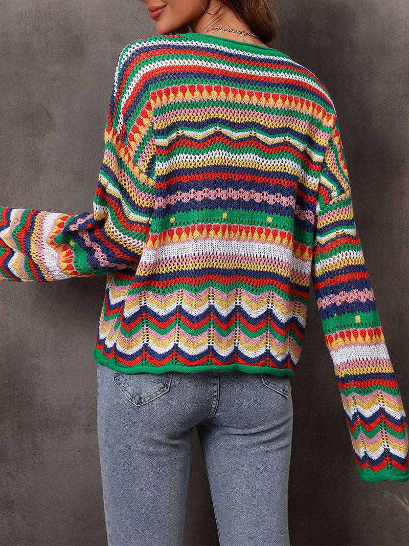 Women's Sweaters Hollow Stripe Long Sleeve Round Neck Sweater