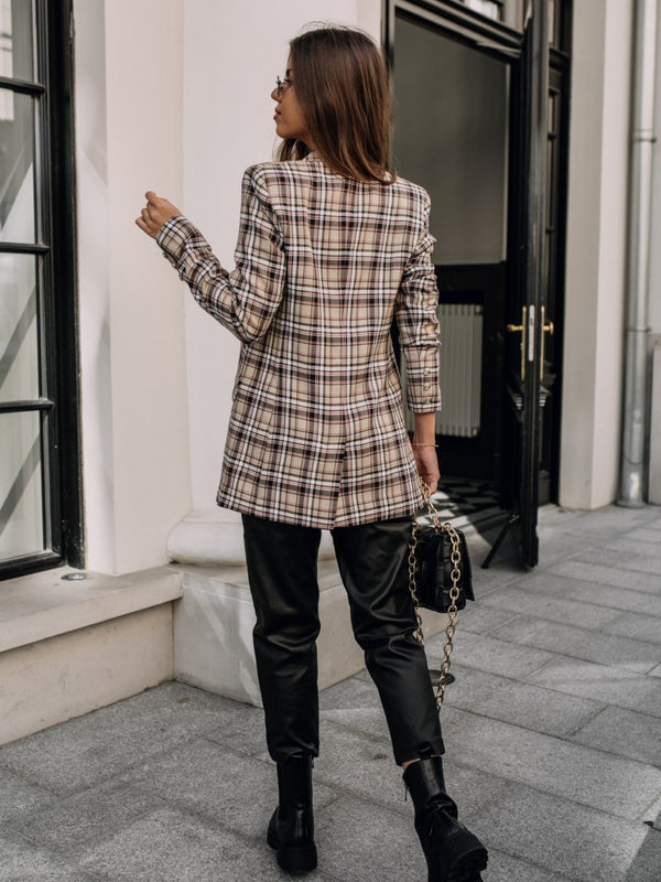Lapel Collar Double Breasted Plaid Coat
