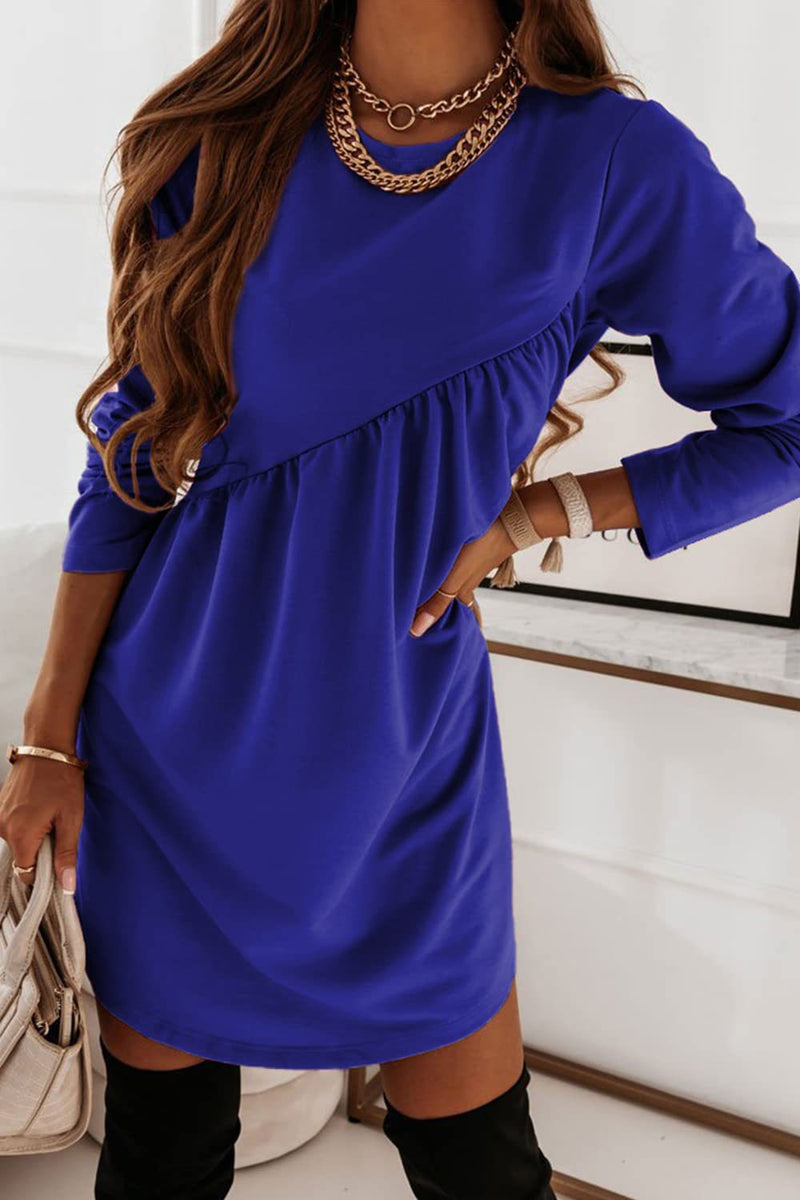 Fashion Long Sleeve O-Neck Solid Colour Mini Dress