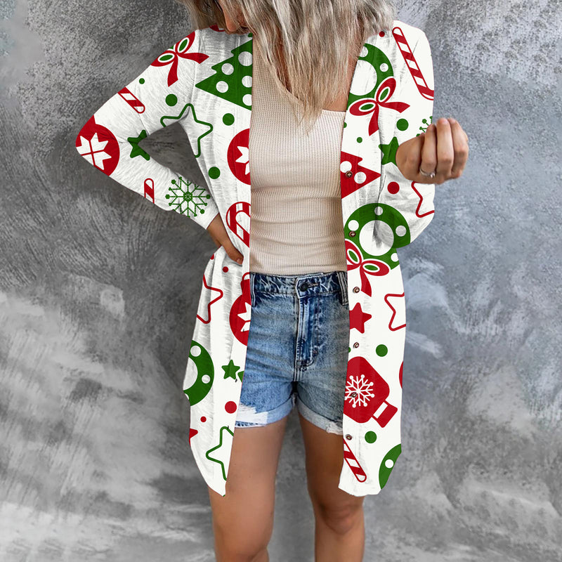 Christmas Graphic Print Button Down Cardigan Outerwear