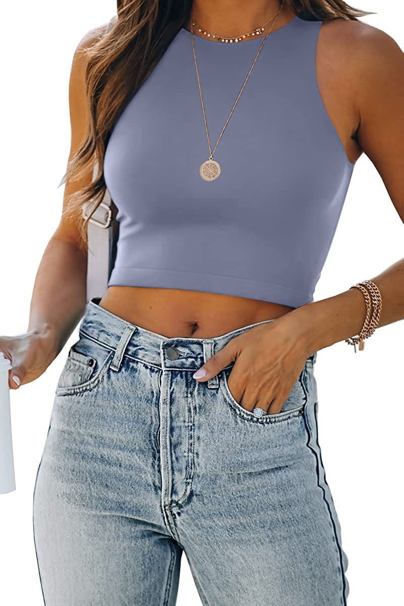 Sexy O-Neck Sleeveless Solid Color Crop Top