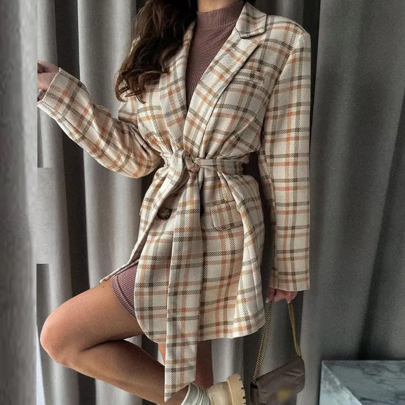 Lapel Collar Long Sleeve Plaid Belted Blazer Dress