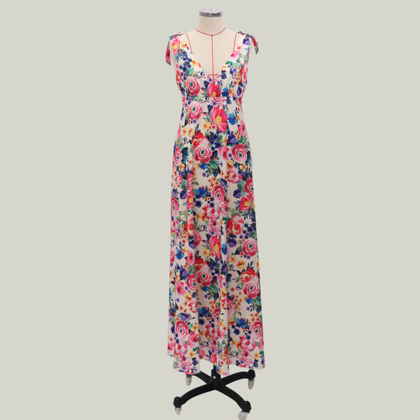 Adjustable Straps Backless Floral Deep V Neck Long Maxi Dress