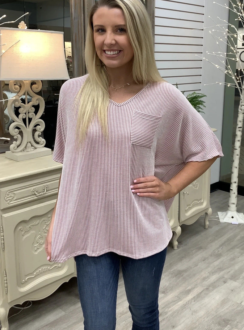 Casual V Neck Short Sleeve Blouse Top