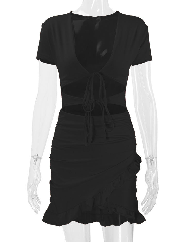 Deep V-Neck Cut Out Short Sleeve Solid Color Mini Dress
