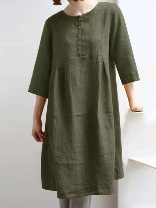 Women's Dresses Retro Cotton Linen Solid Pleated Half Sleeve Mini Dress