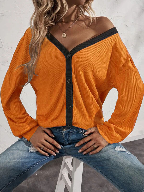 Fashion V-Neck Long Sleeve Button Sweater Top