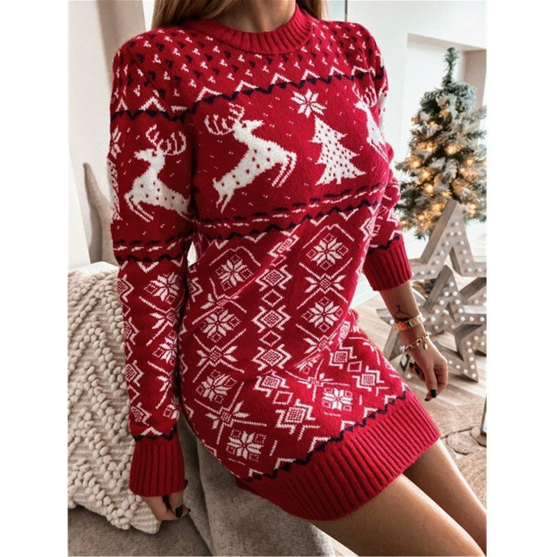 Knitted Christmas Print Crew Neck Long Sweater