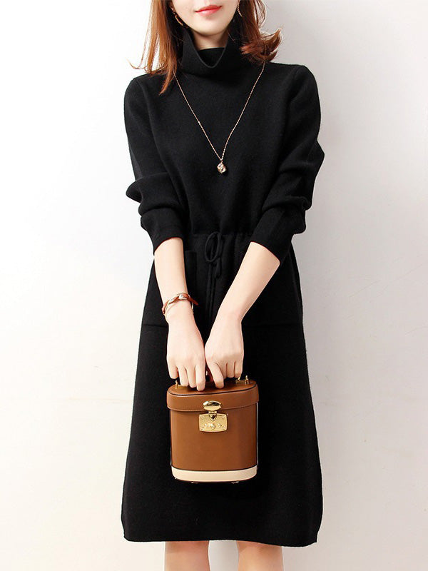 Women's Dresses High Neck Elastic Waist Pocket Knit Dress