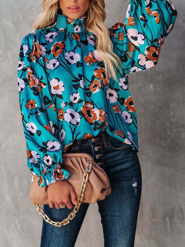 Turtle Neck Casual Long Sleeve Floral Blouse