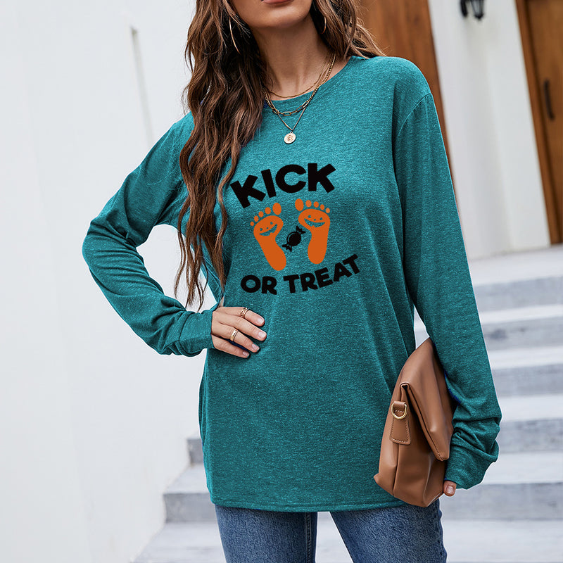 Casual Long Sleeve Round Neck Kick or Treat Printed Sweatshirt