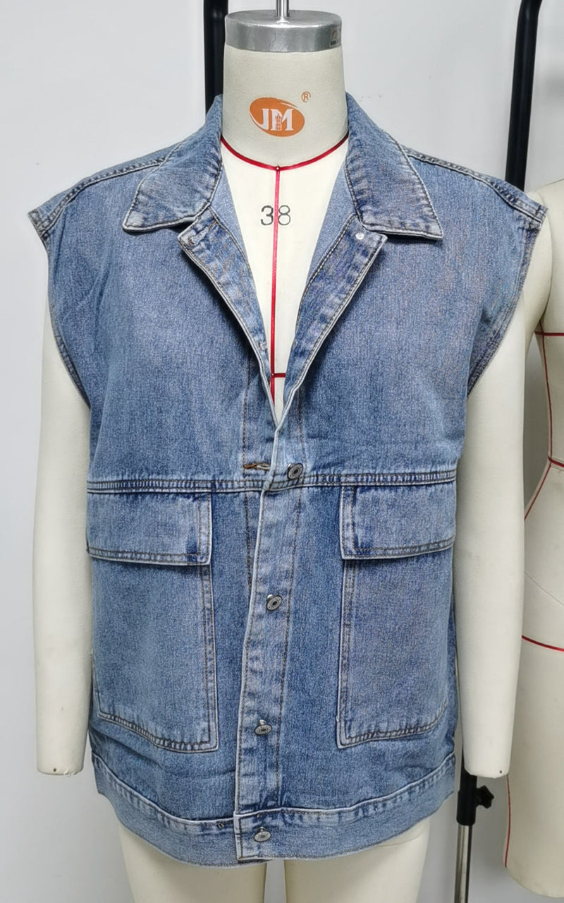 Casual Sleeveless Bend Down Collar Button Down Jean Top Jacket
