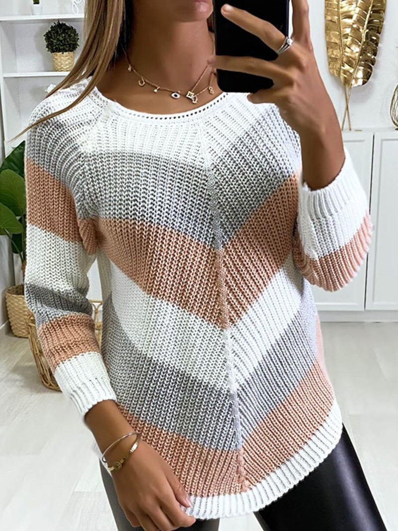 Round Neck Knitted Color Block Sweater