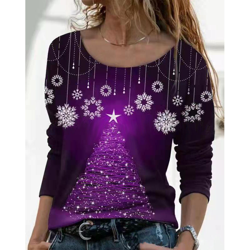 Fashion Round Neck Long Sleeve Print Blouse