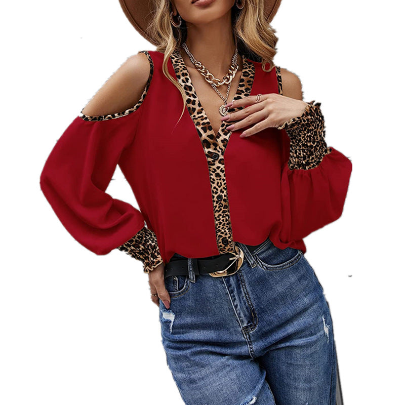 Fashion Long Sleeve Cold Shoulder Leopard Print Shirt