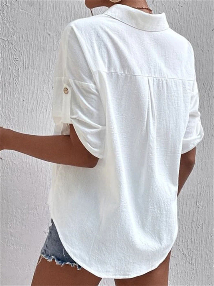 Short Sleeve Collar Buton Down Solid Shirt Top