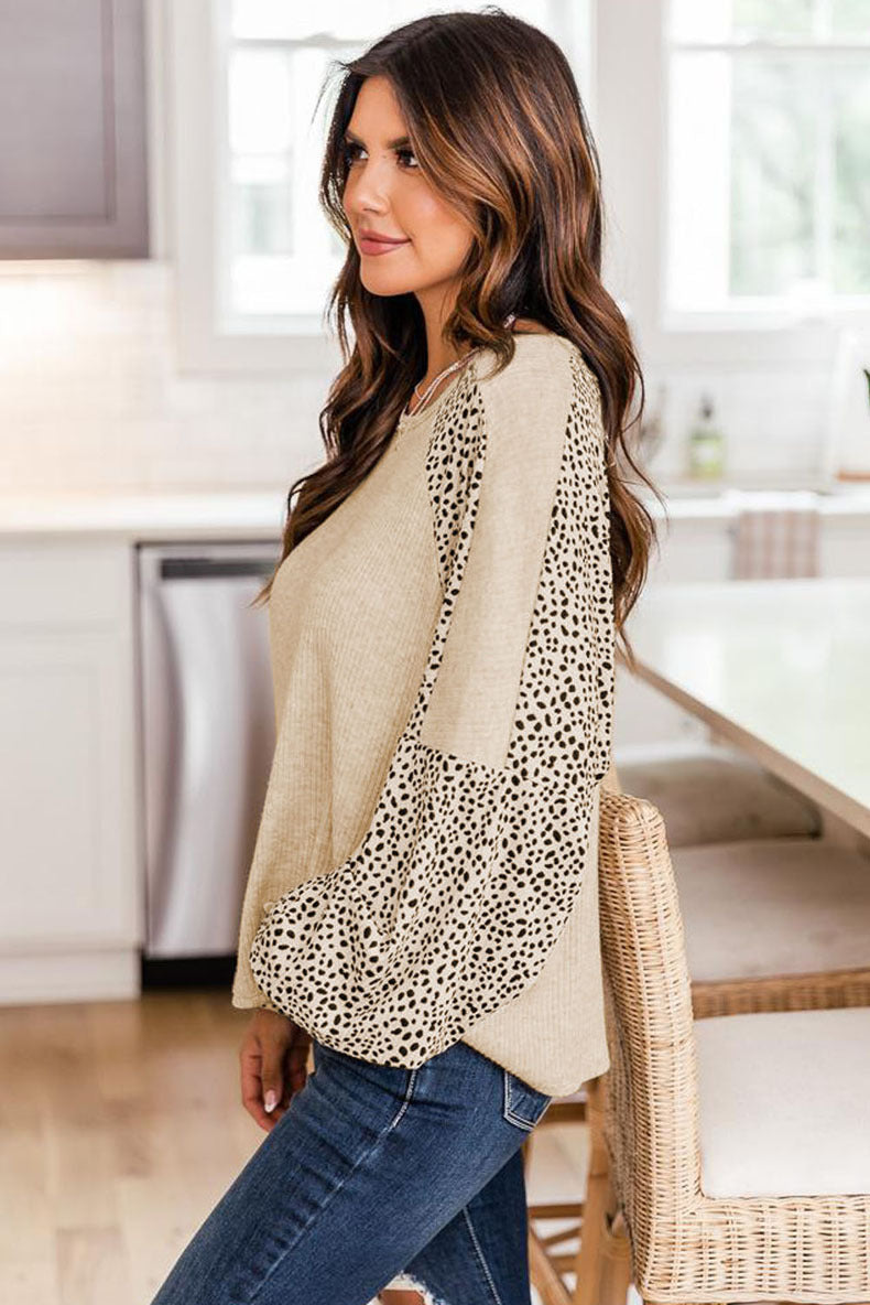 Loose Round Neck Long Sleeve Waffle Knit Top
