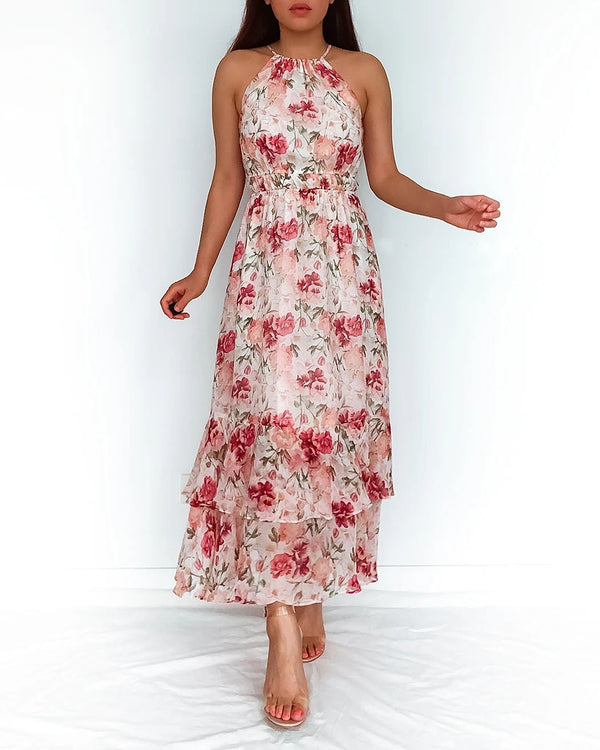 Fashion Sleeveless O-Neck Floral Printed Maxi Dress