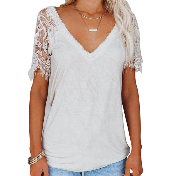 Lace Short Sleeve V Neck Top T-Shirt