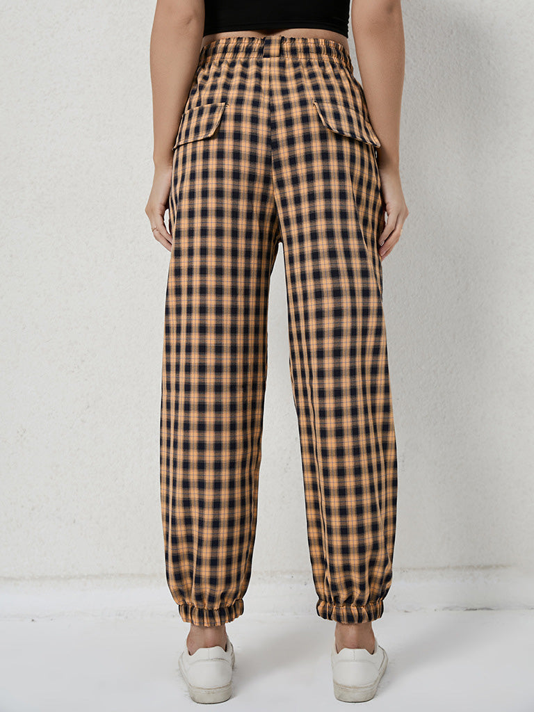 Women's Pants Check Print Elastic Waist Casual Harem Pants