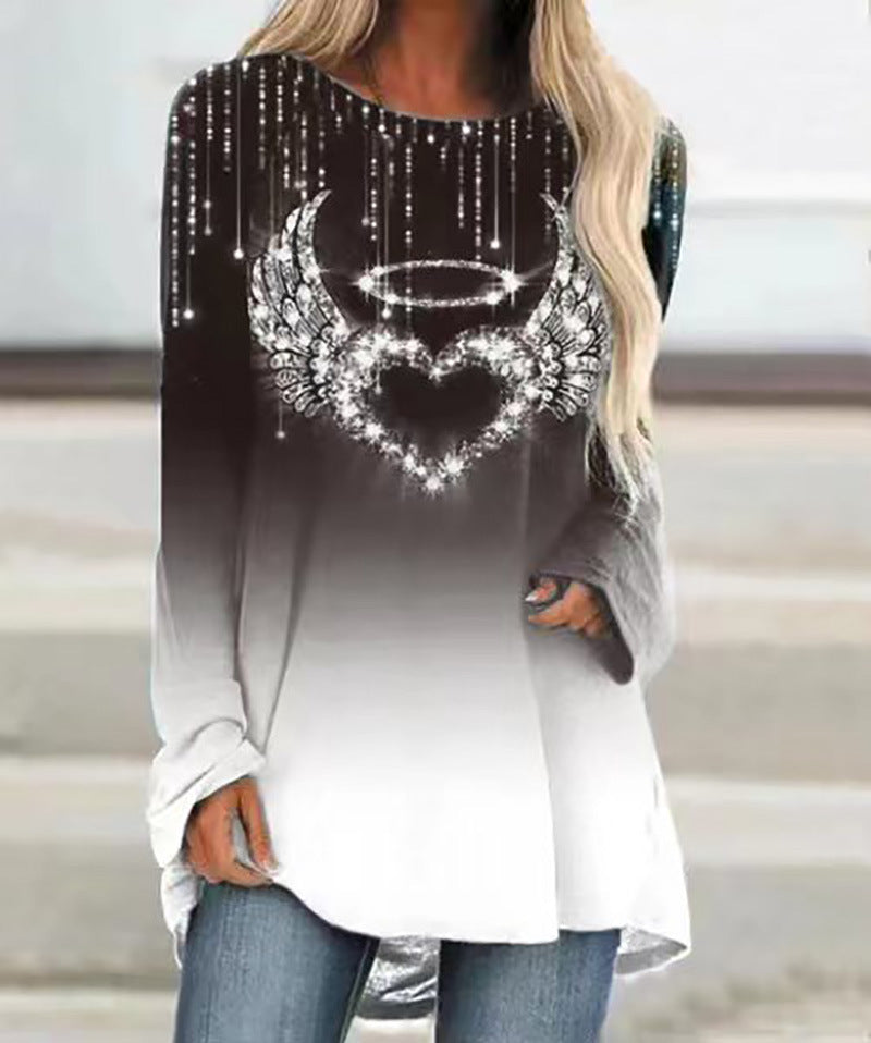 Fashion Long Sleeve Heart Print Loose Blouse Top