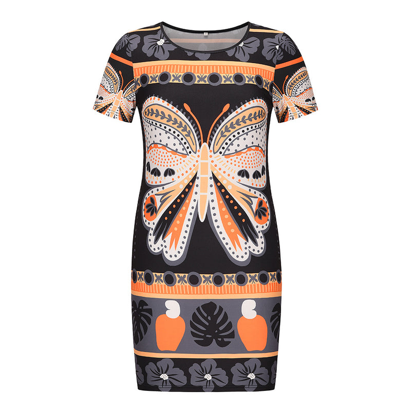 Butterfly Print Short Sleeve Round Neck Mini Dress