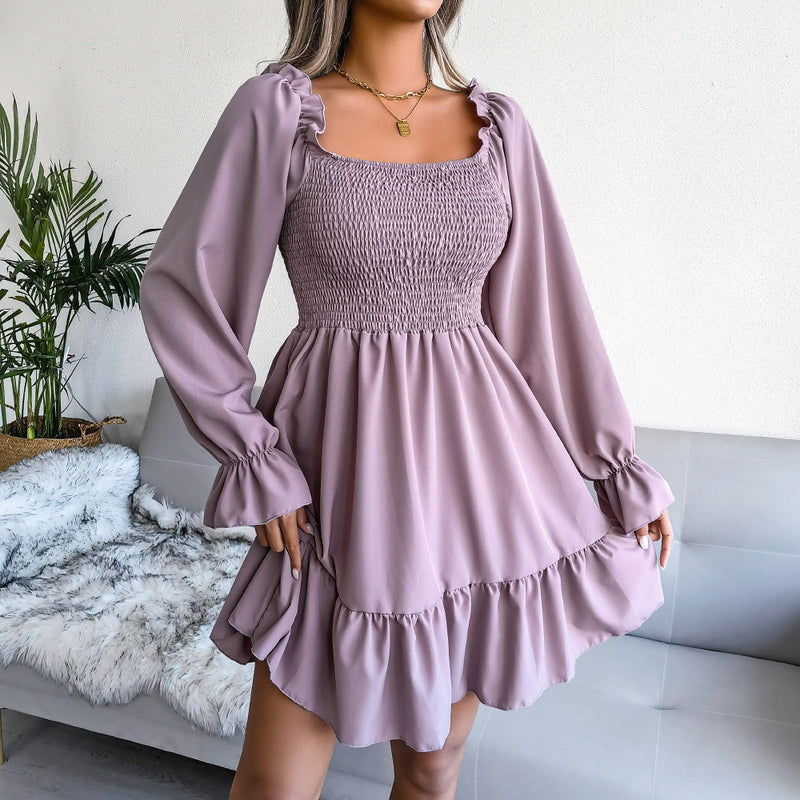 Square Neck Long Sleeve Solid Flared Mini Dress