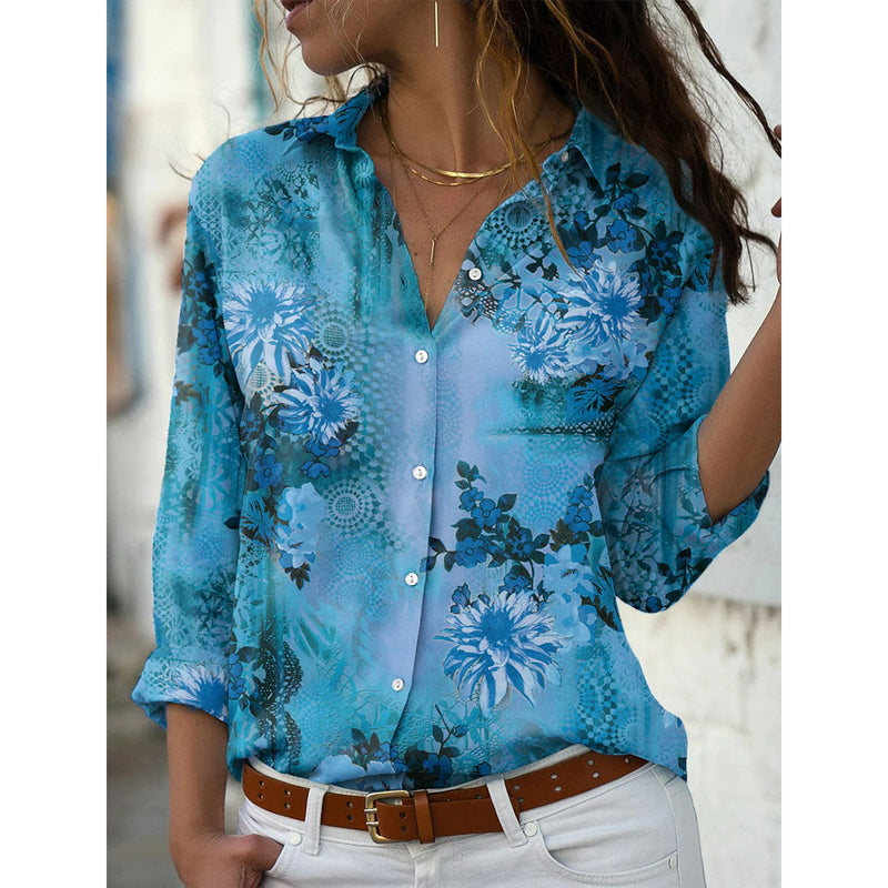 V-Neck Long Sleeve Printed Button Down Shirt