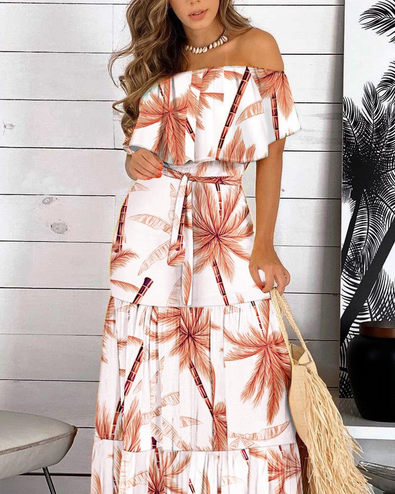 Elegant Off Shoulder Short Sleeve Printed Maxi Dress