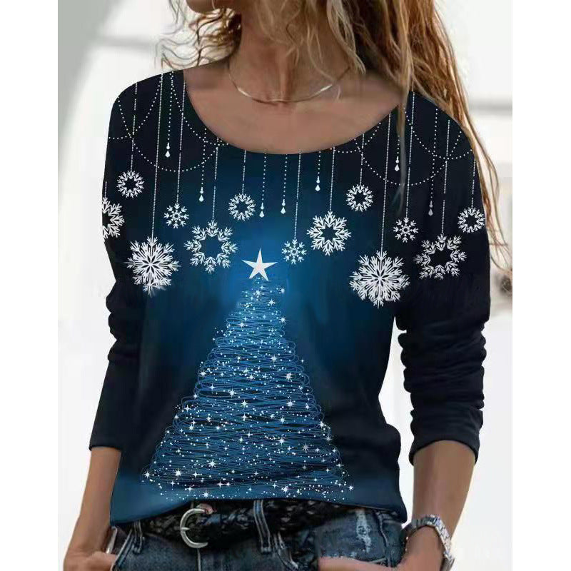 Fashion Round Neck Long Sleeve Print Blouse