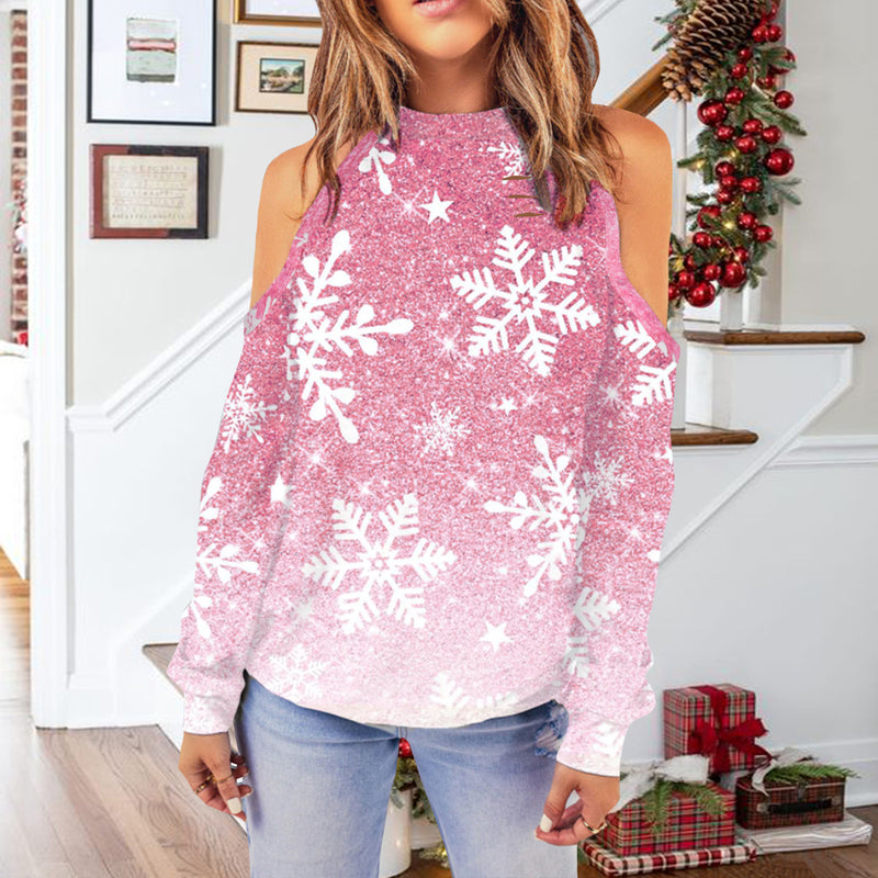 Fashion Long Sleeve Cold Shoulder Print Top Blouse