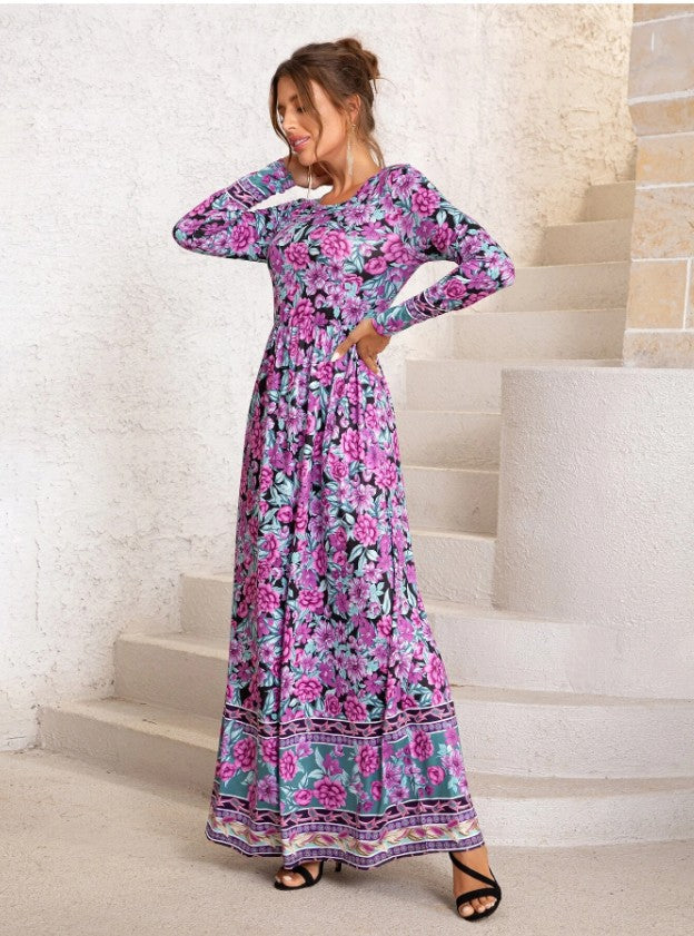 Fashion Floral Print Long Sleeve O-Neck Maxi Dress