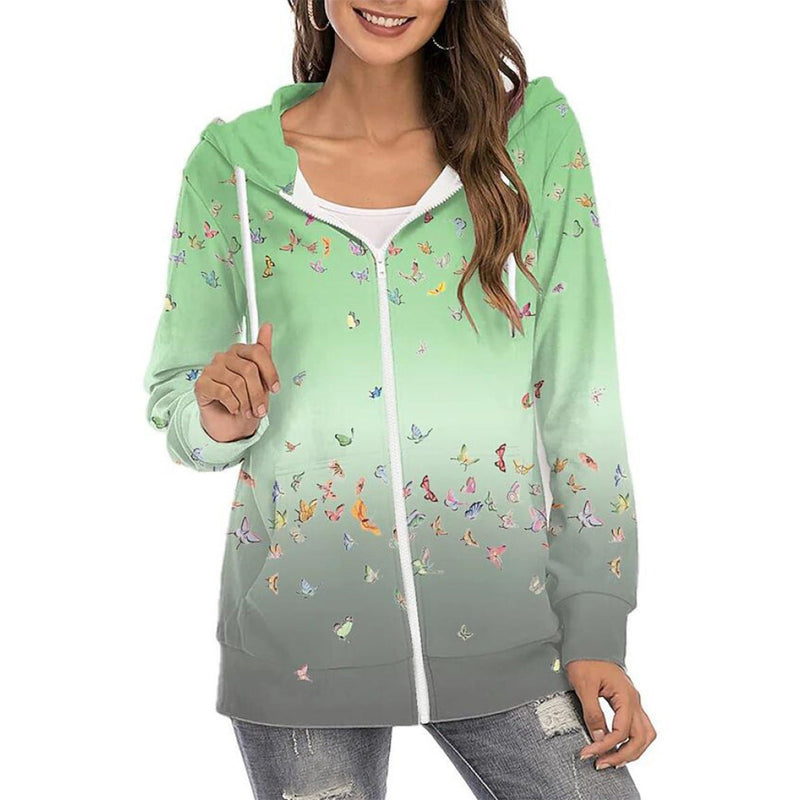 Fashion Floral Print Long Sleeve Zip Up Hoodie Sweatshirt