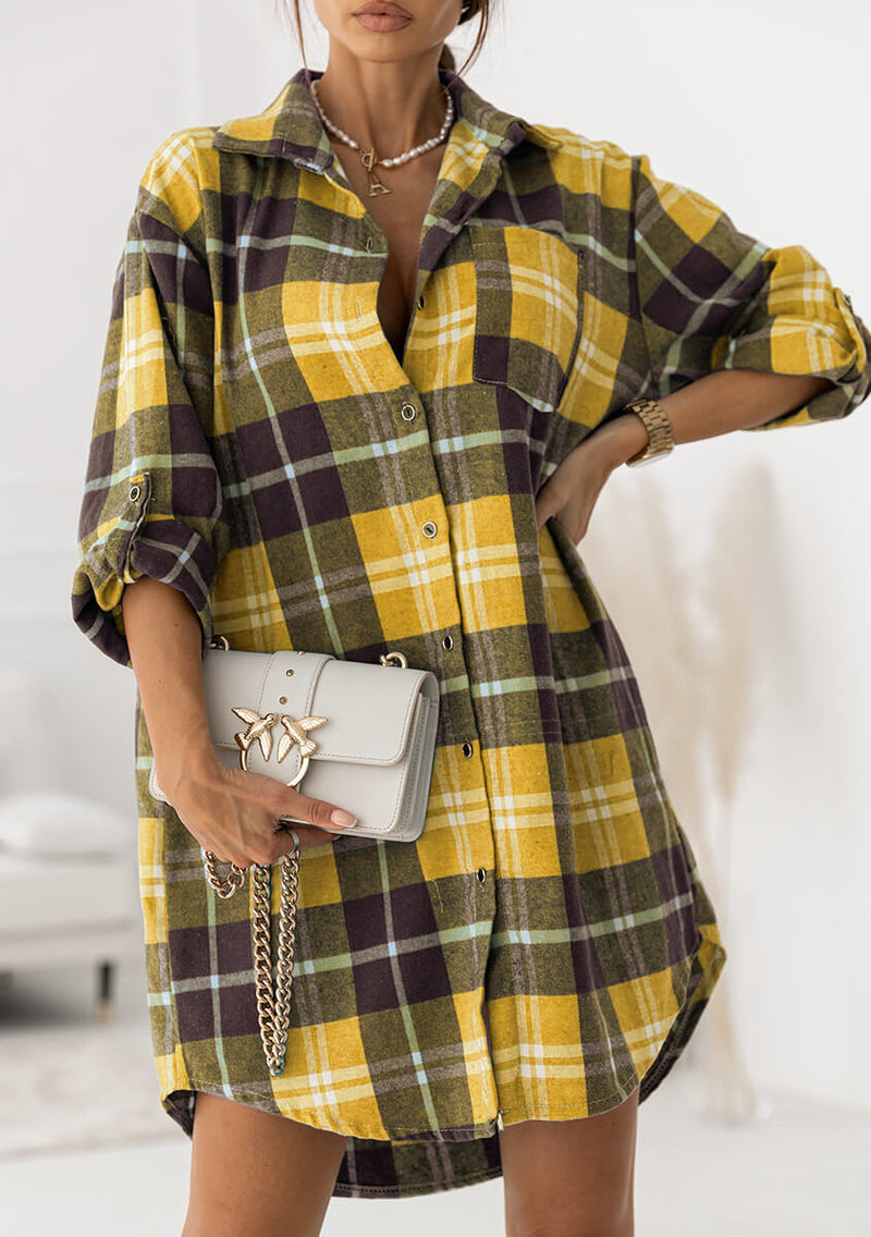 Button Down Fold Sleeves Plaid Flannel Blouse