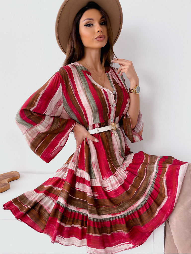 Belted Button Up V Neck Long Sleeve Wrap Mini Dress