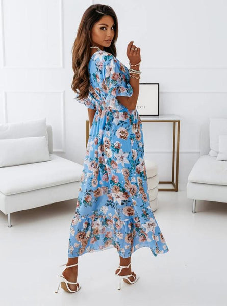 Cross V Neck Elastic Waist Floral Short Sleeve Maxi Dress – Landing Closet
