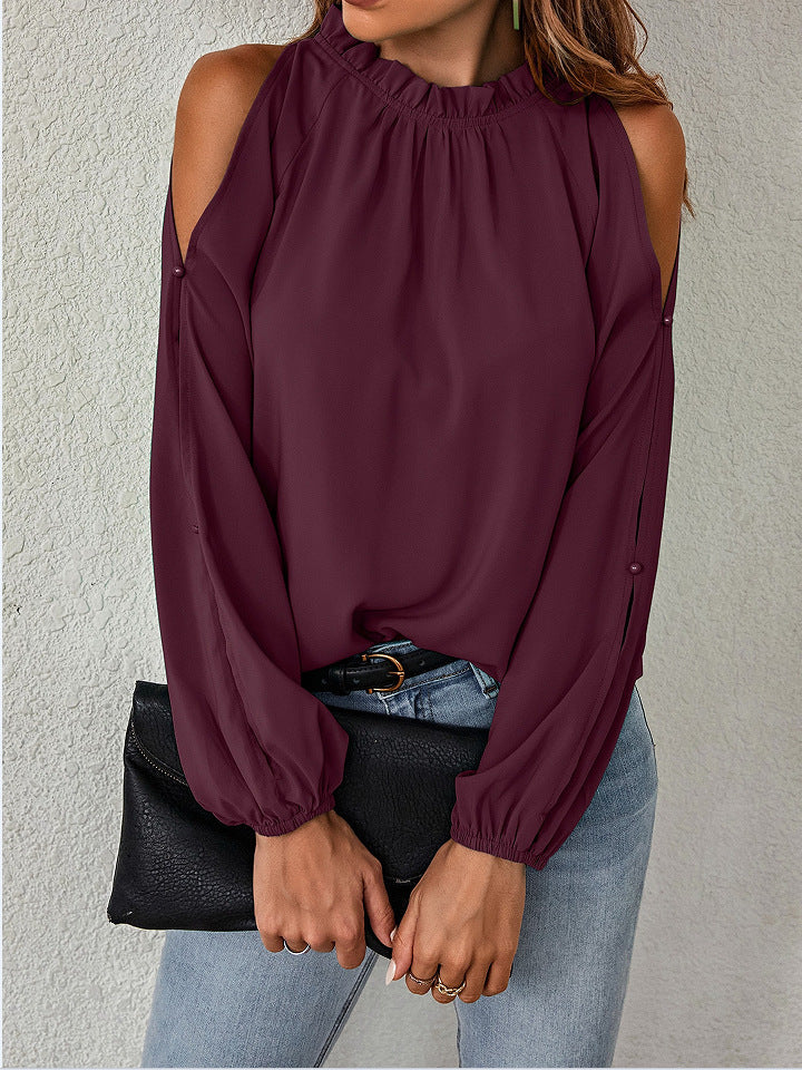 Fashion O-Neck Cut Out Sleeve Solid Color Blouse