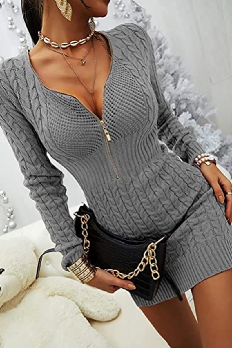 Zipper V Neck Bodycon Sweater Dress