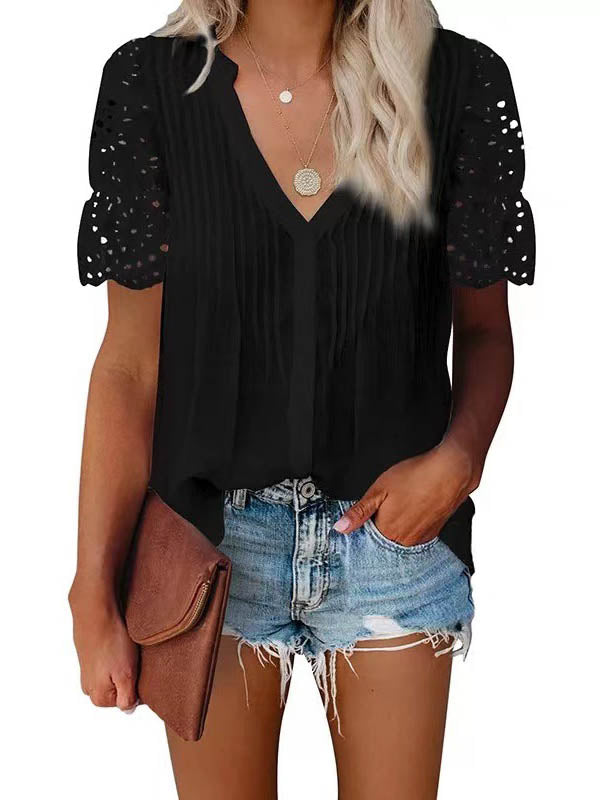 Casual V Neck Short Lace Sleeve Top