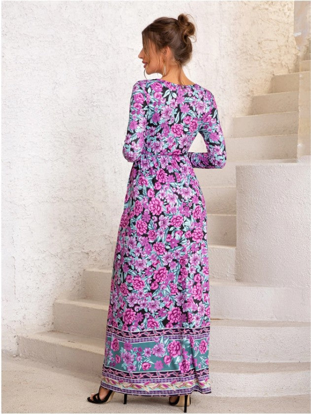 Fashion Floral Print Long Sleeve O-Neck Maxi Dress