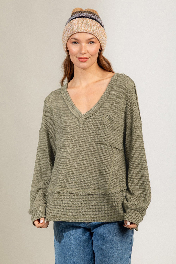Fashion V-Neck Long Sleeve Loose Knit Sweatshirt
