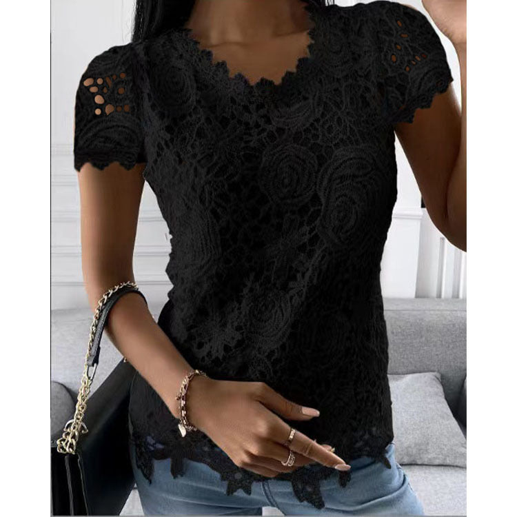 Fashion Short Sleeve Lace Round Neck Top