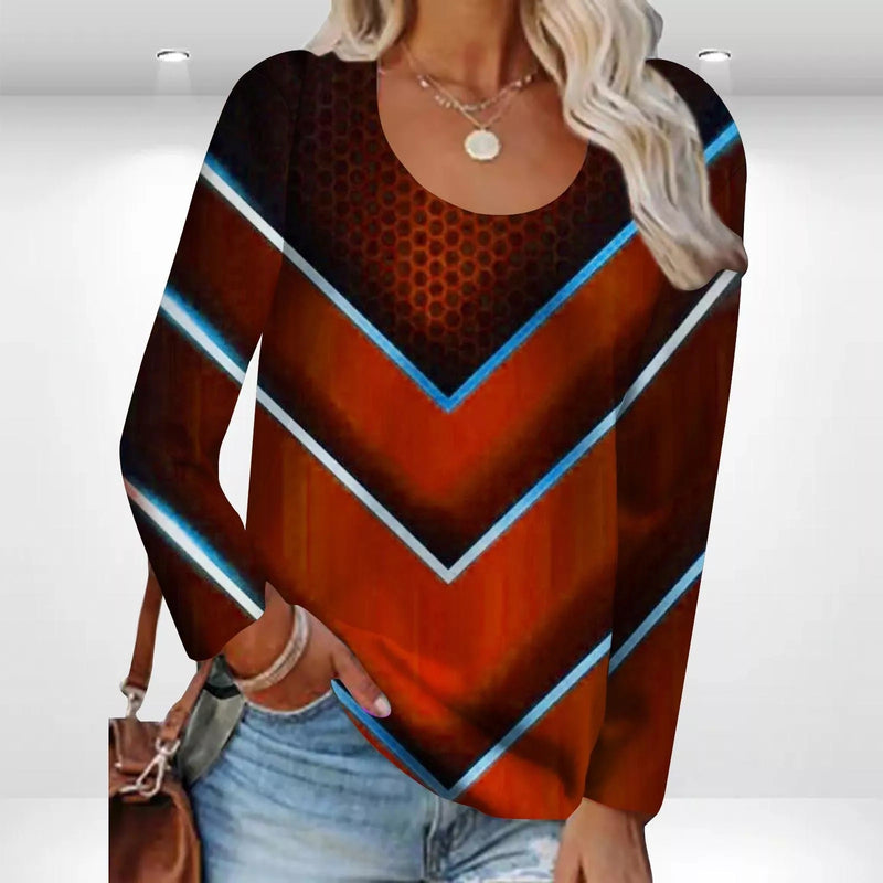 Round Neck Long Sleeve Print Loose Blouse Top