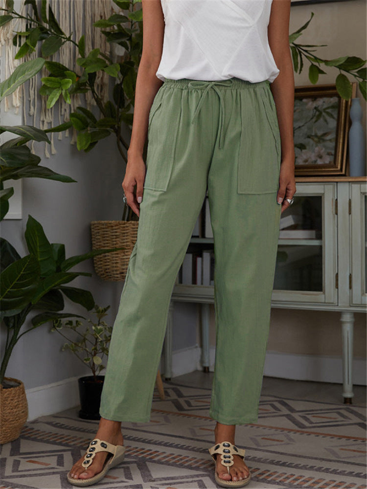 Draw String High Waist Solid Color Pants