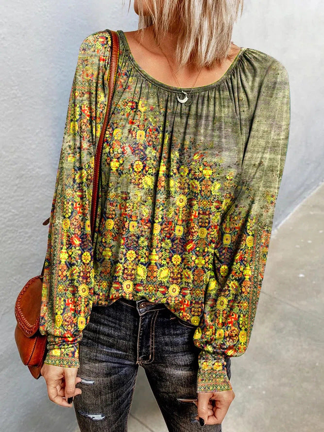 Casual Long Sleeve Scoop Neck Floral Blouse Top